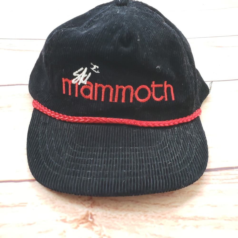 Vintage Ski Mammoth Corduroy Snapback Hat Black Red Rope Brim Designer‎ Award